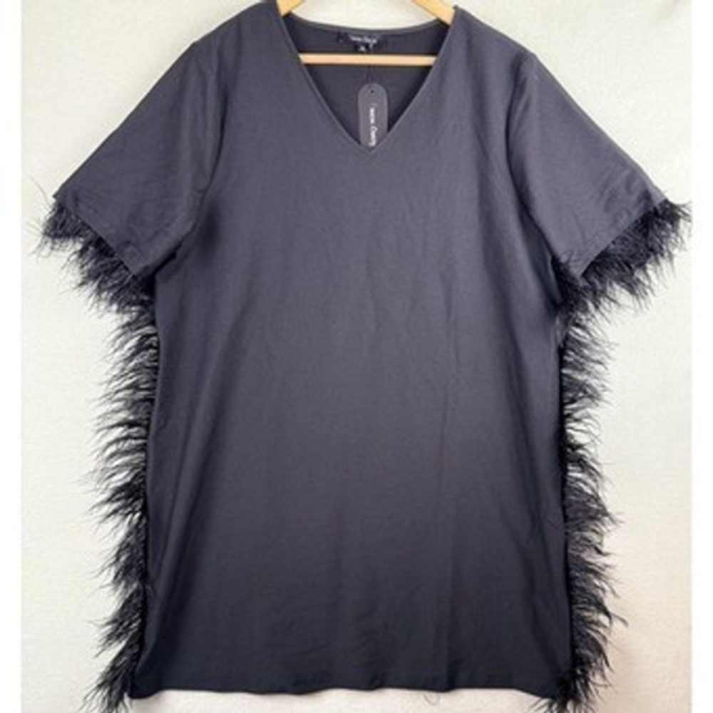 Buxom Curvy Black Feather Trim T Shirt Dress Womens 2X V Neck Short Party LBD